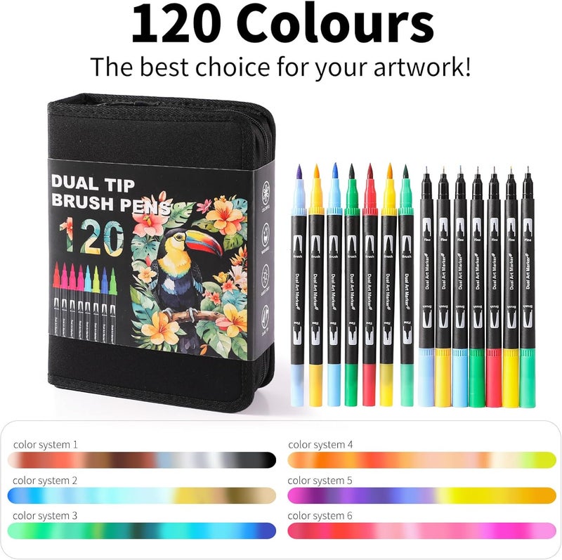 TOSHARE Dual Tip Markers, Brush Art Markers Set with Fine Tip and Brush Tip for Adult Coloring Book, Hand Lettering, Calligraphy & Drawing, Professional Art Supplies Kit for Adults (120 Colors) - Image 2